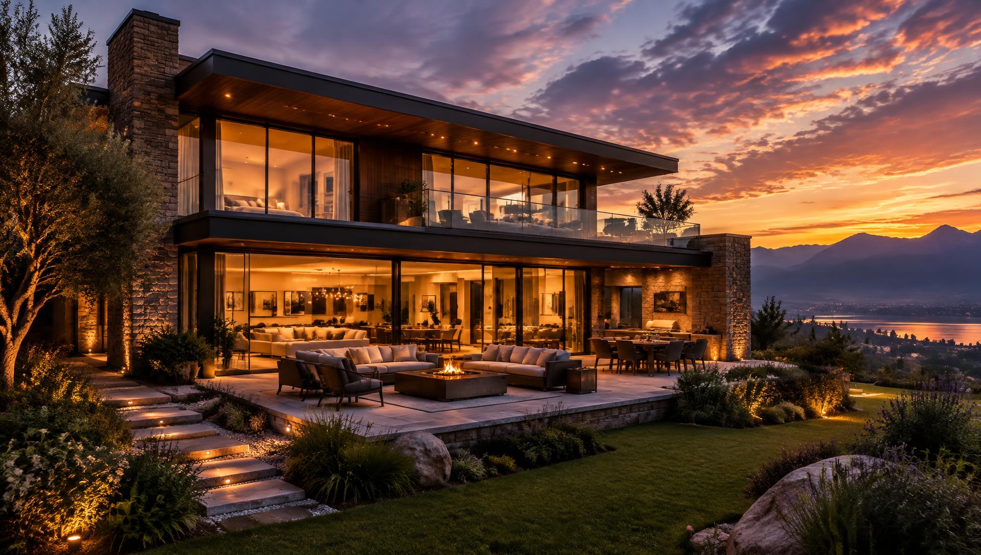 Casa moderna iluminada al atardecer