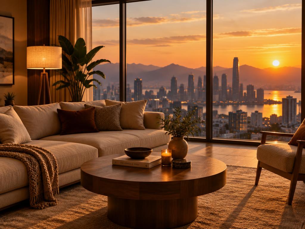 Sala de estar elegante con vista a la ciudad al atardecer