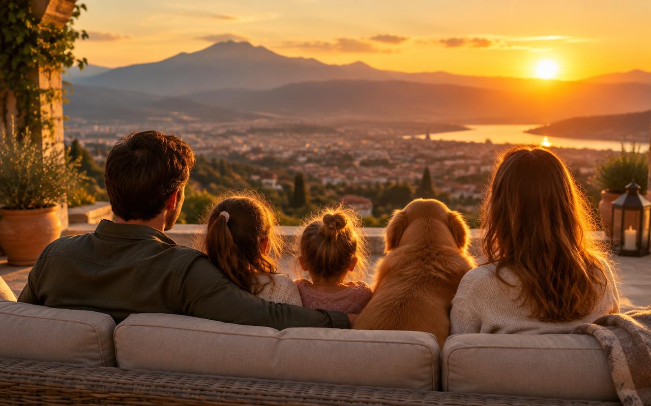 Familia con su perro contemplando la ciudad al atardecer
